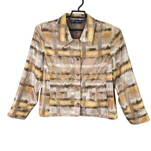 Womens Susan Graver Style Beige Brown Button Up Abstract Print Blazer Jacket L